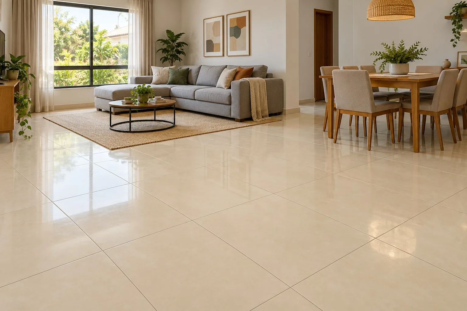 Sala integrada com piso cerâmico esmaltado bege 60x60 (imagem ilustrativa)