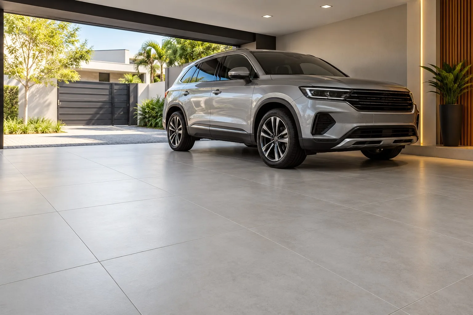Garagem com piso de porcelanato acetinado cinza claro 90x90 e carro estacionado (imagem ilustrativa)