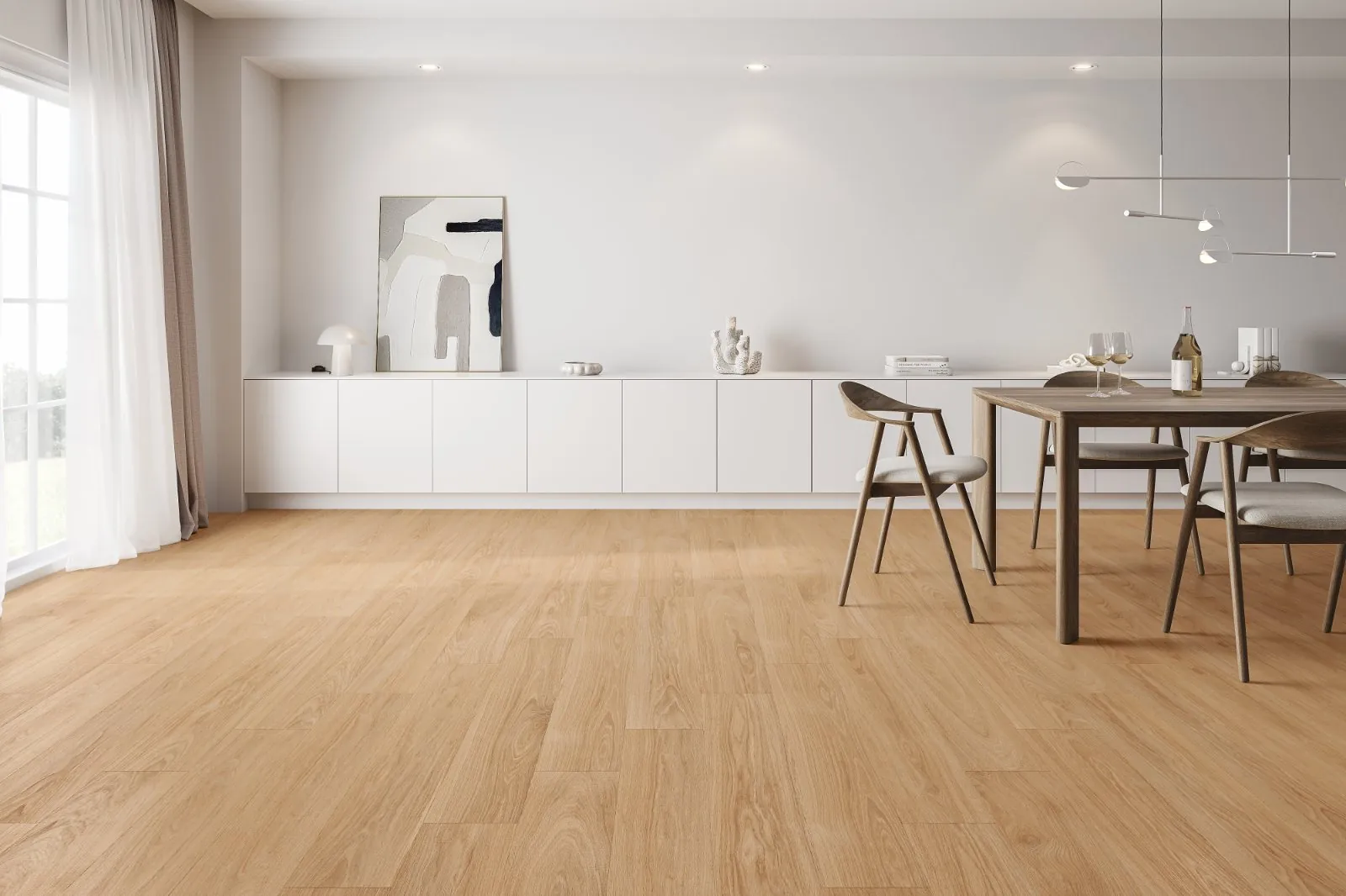 Sala de jantar com porcelanato amadeirado Carvalho Noruega 20x122 da Embramaco