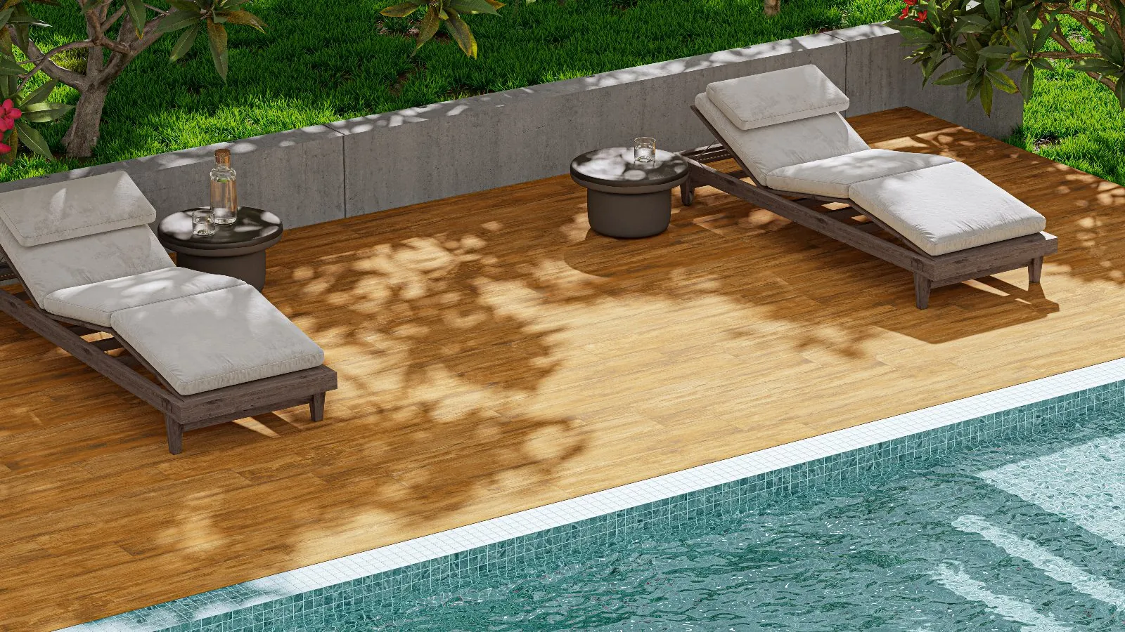 Deck da piscina com porcelanato amadeirado Ébano Relevo Out da Embramaco