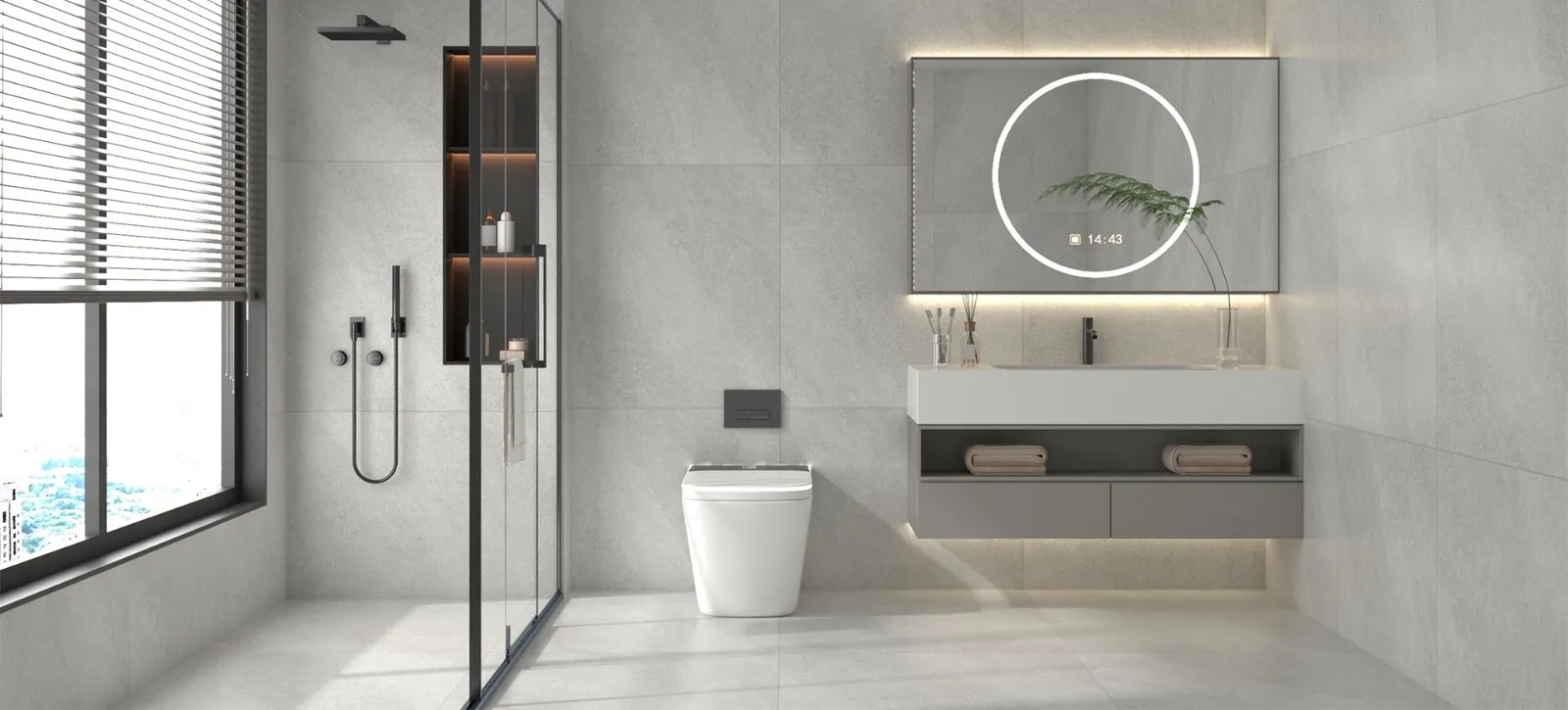 Banheiro com porcelanato Limestone Off White acetinado da Delta no piso e na parede