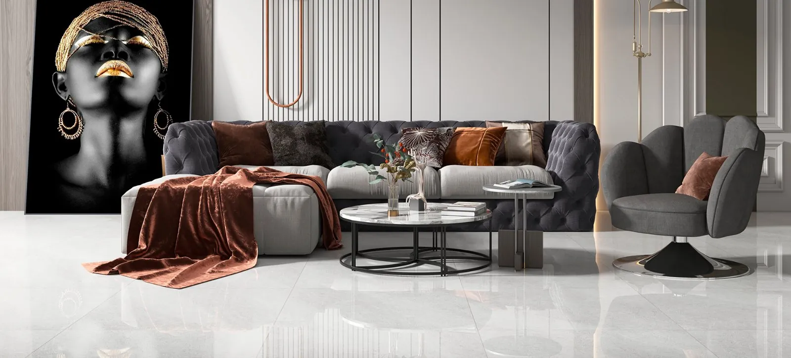 Sala com porcelanato Limestone Off White polido 90x90 da Delta