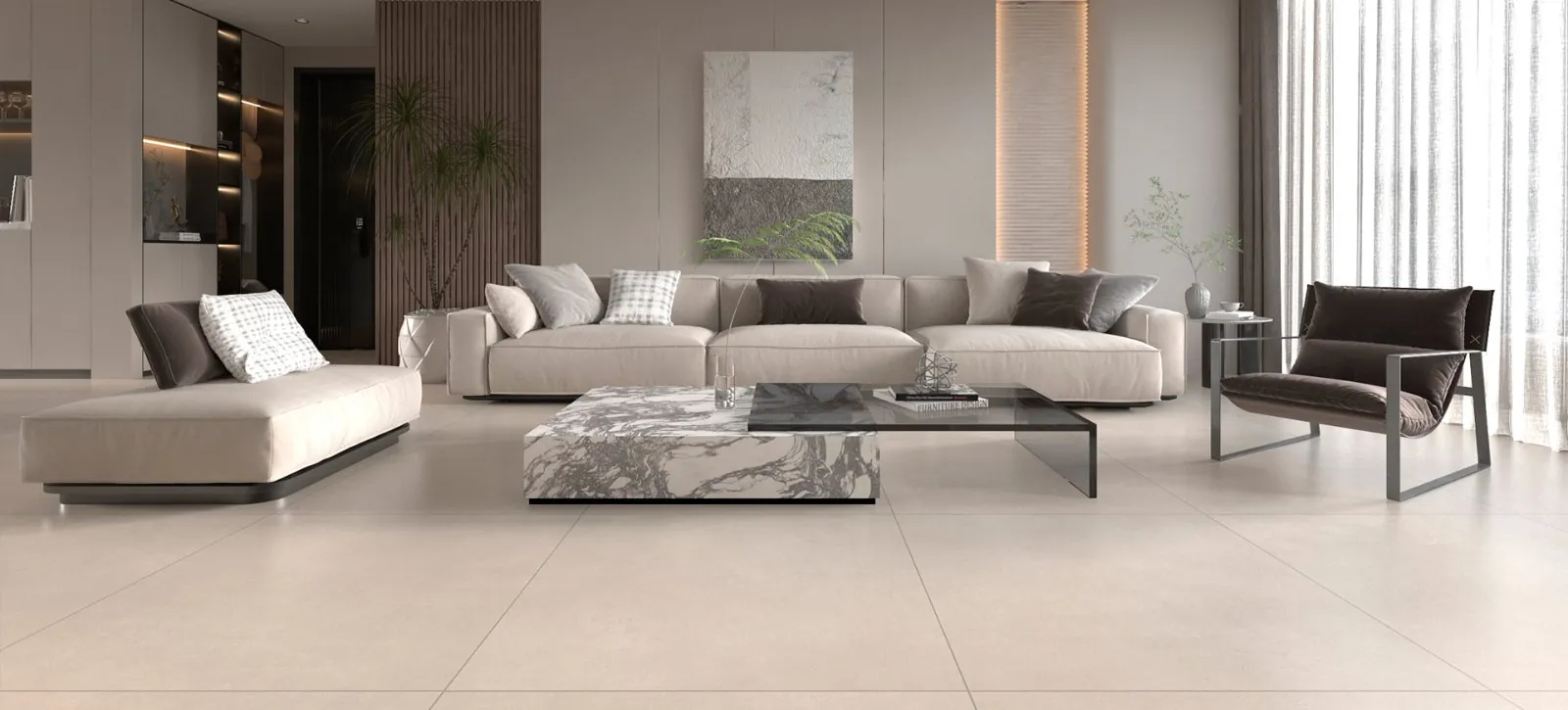 Sala com porcelanato Obelisco Avena acetinado 90x90 da Delta