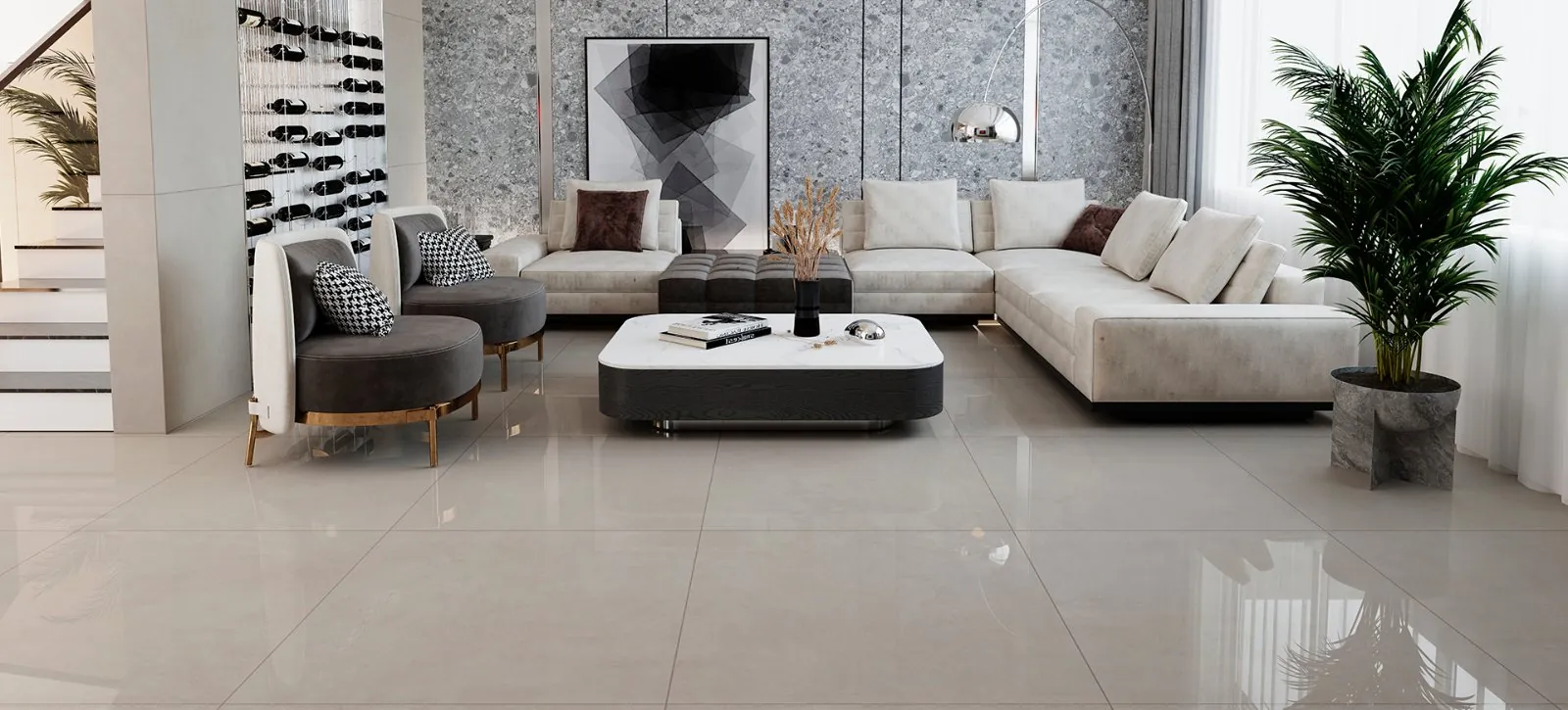 Sala com porcelanato Obelisco Avena polido 90x90 da Delta
