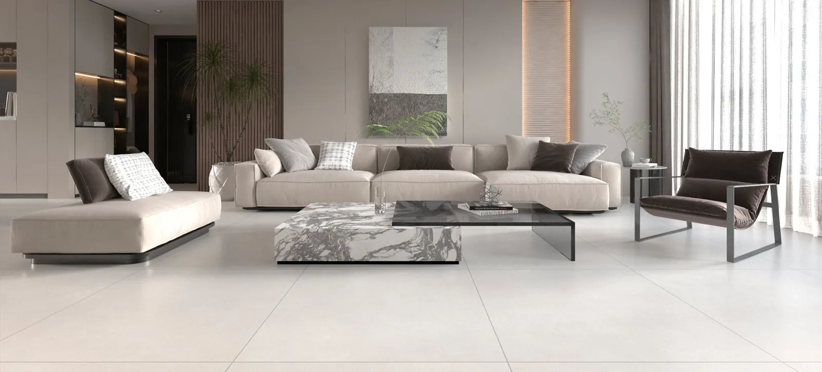 Sala com porcelanato Obelisco Off White acetinado 90x90 da Delta