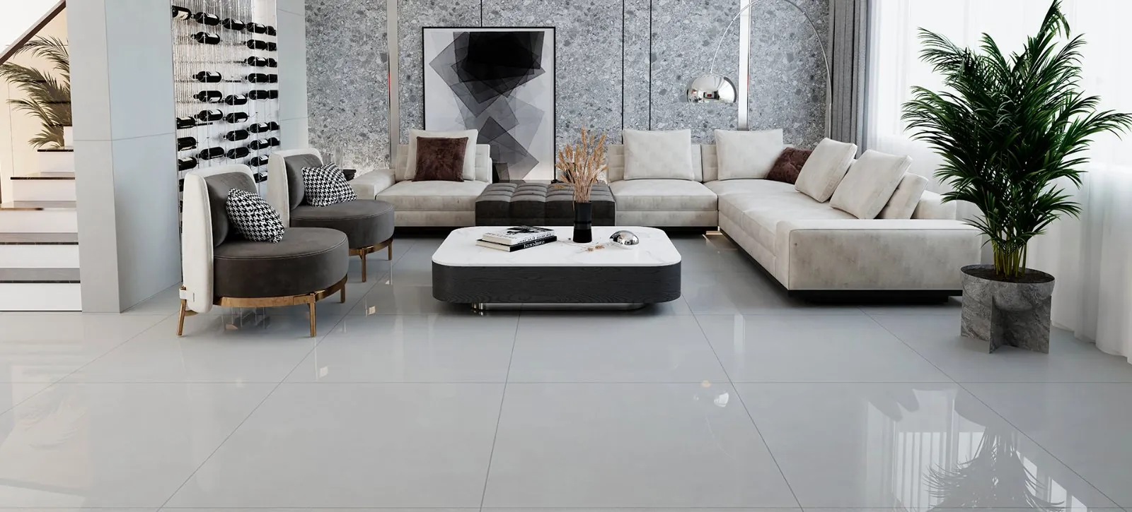Sala com porcelanato Obelisco Off White polido 90x90 da Delta