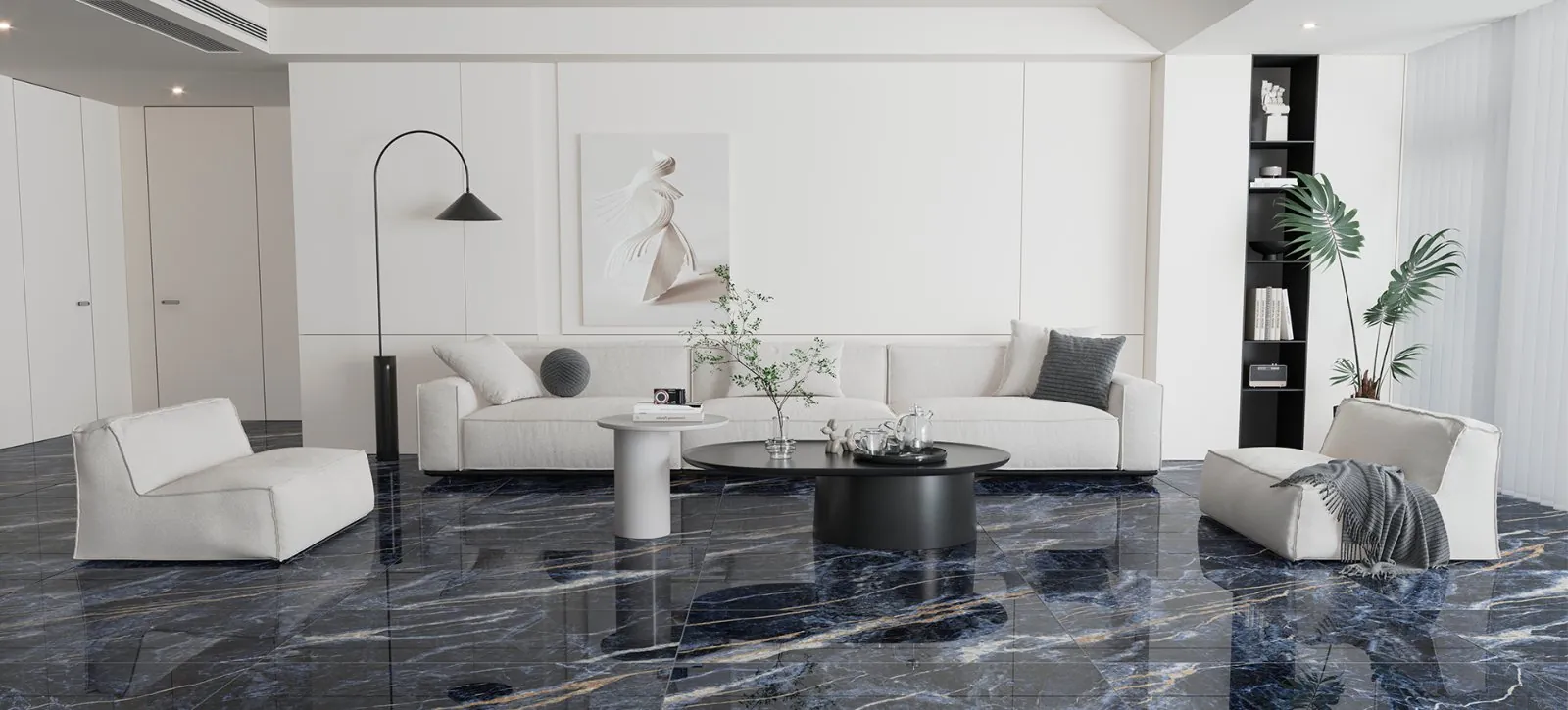 Sala com porcelanato Quarzo Indigo polido 60x120 da Delta