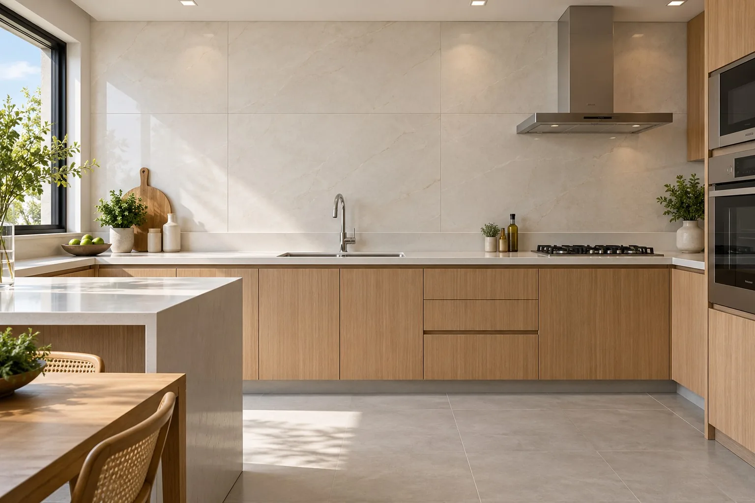 Cozinha com parede da pia revestida de porcelanato claro e bancada branca (imagem ilustrativa)